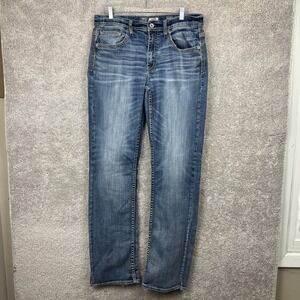 BKE Jake Jeans Mens 34 XL Blue Bootleg Bootcut Denim Distressed Faded Wash Pants